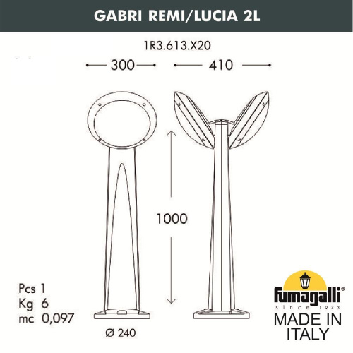 Садовый светильник-столбик наклонный FUMAGALLI GABRI REMI/LUCIA 2L, Черный