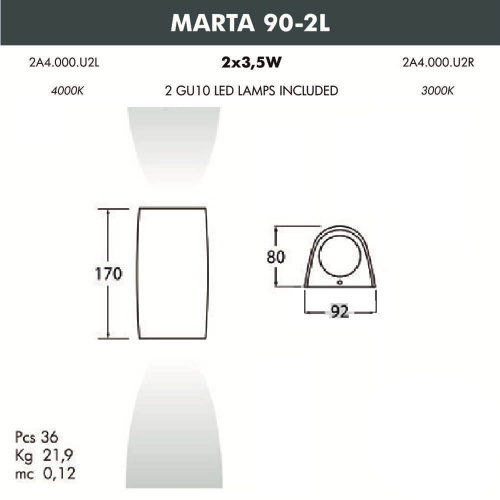 Фасадный светильник Fumagalli MARTA 90 2L с лампами 3,5W LED-CCT