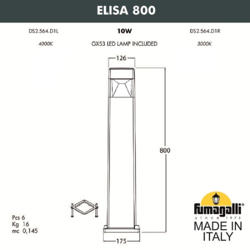 Садовый светильник-столбик Fumagalli ELISA 800, черный