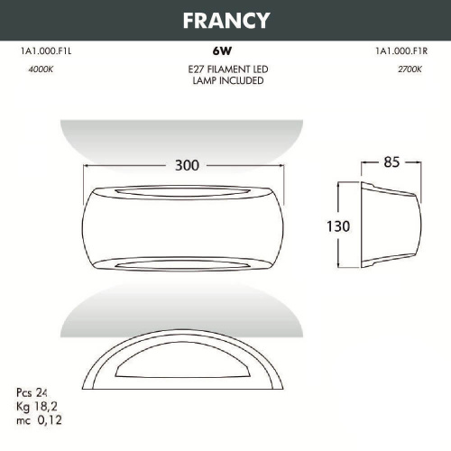 Настенный уличный светильник (1A1.000.000.WYF1L) Fumagalli FRANCY, 1х6W LED-FIL (800 Lm/4000К)