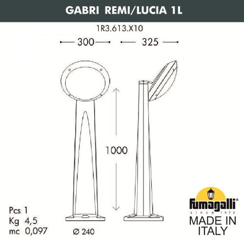 Садовый светильник-столбик наклонный FUMAGALLI GABRI REMI/LUCIA 1L, Черный